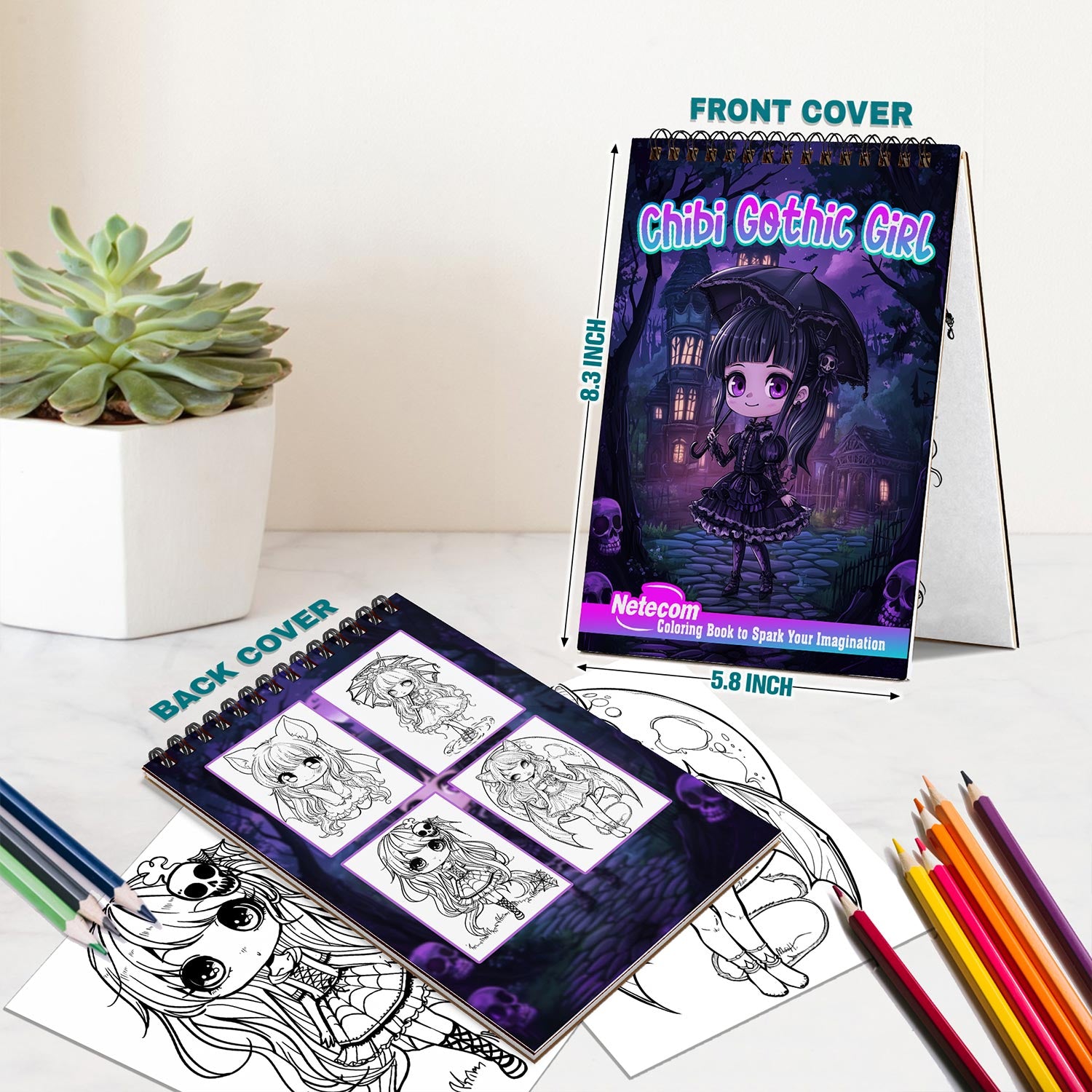 Netecom Chibi Gothic Girl Spiral Bound Coloring Book For Adults