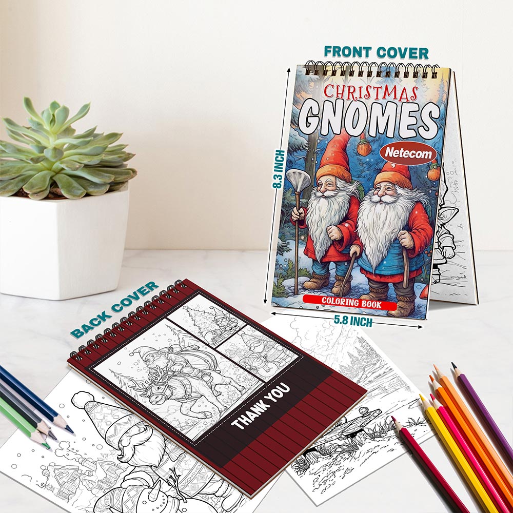 Netecom Christmas Gnomes Spiral Bound Coloring Book For Adults