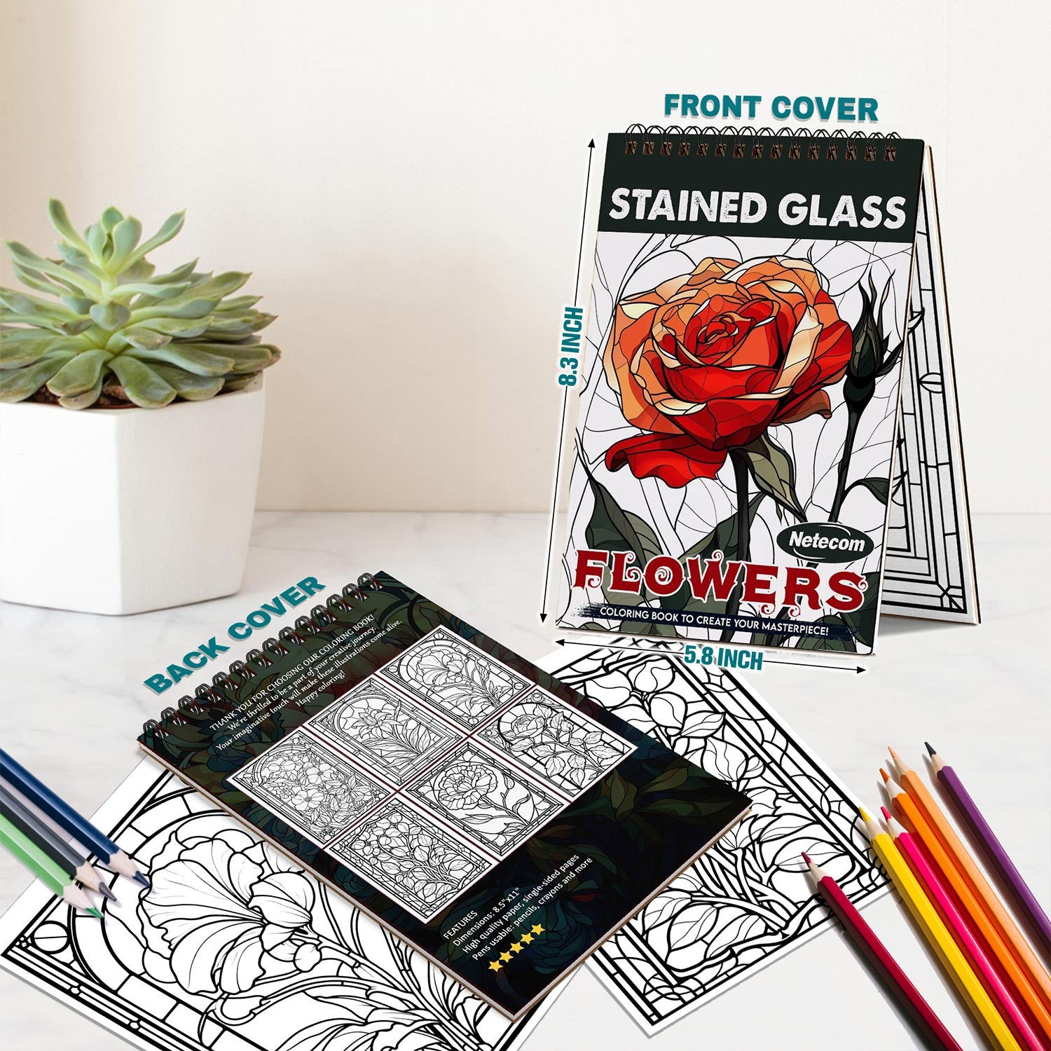Netecom Stained Glass Flowers Spiral Bound Coloring Book For Adults