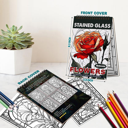 Netecom Stained Glass Flowers Spiral Bound Coloring Book For Adults