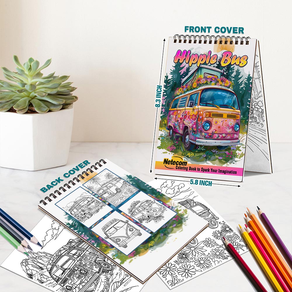 Netecom Hippie Bus Spiral Bound Coloring Book For Adults