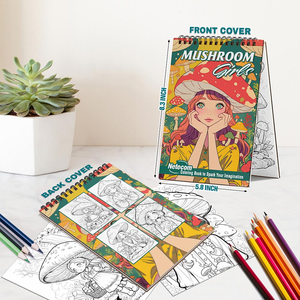 Netecom Mushroom Girls Spiral Bound Coloring Book For Adults