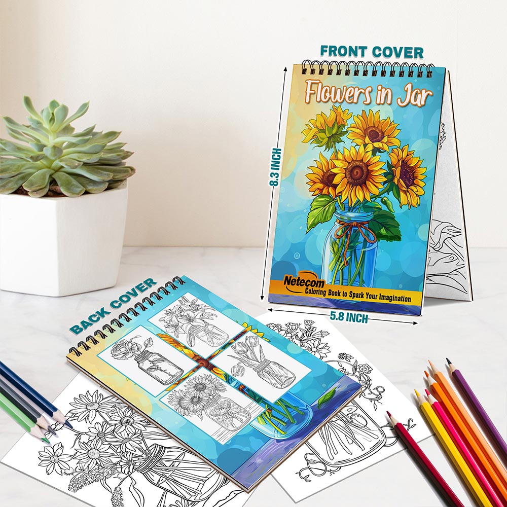 Netecom Flowers in Jar Spiral Bound Coloring Book For Adults