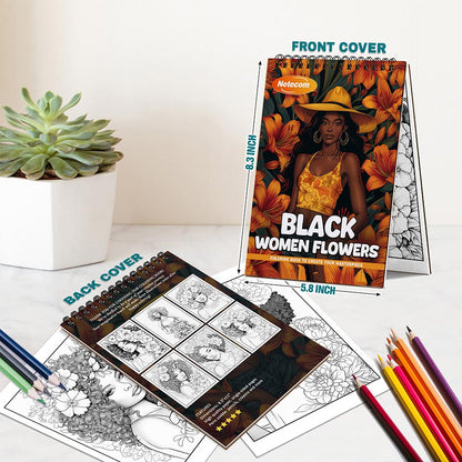 Netecom Black Women Flowers Spiral Bound Coloring Book For Adults