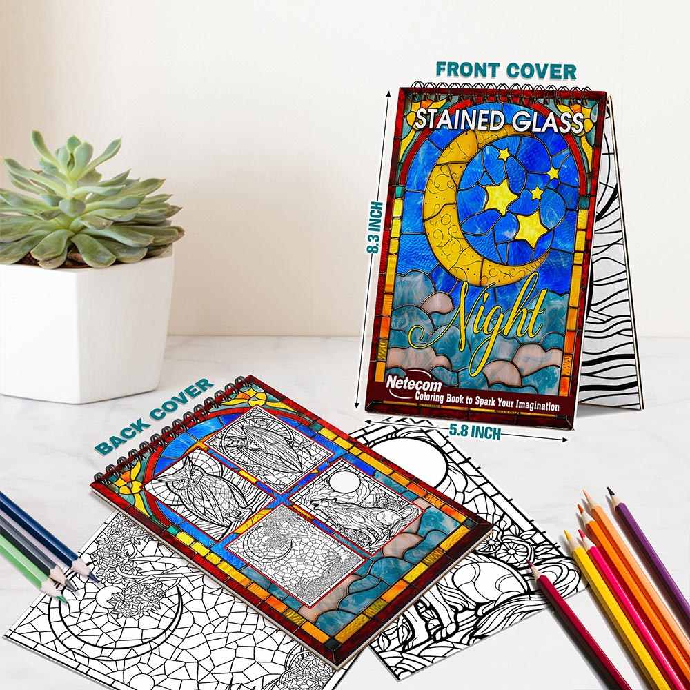 Netecom Stained Glass Night Spiral Bound Coloring Book For Adults