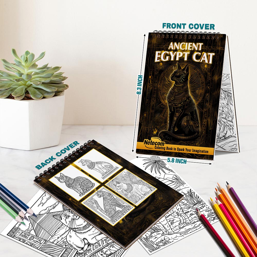 Netecom Ancient Egypt Cat Spiral Bound Coloring Book For Adults