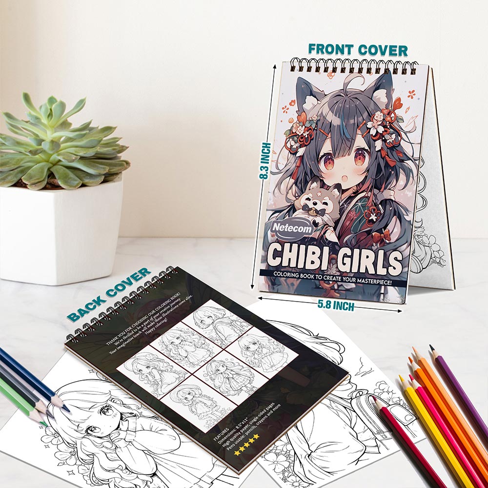 Netecom Chibi Girls Spiral Bound Coloring Book For Adults