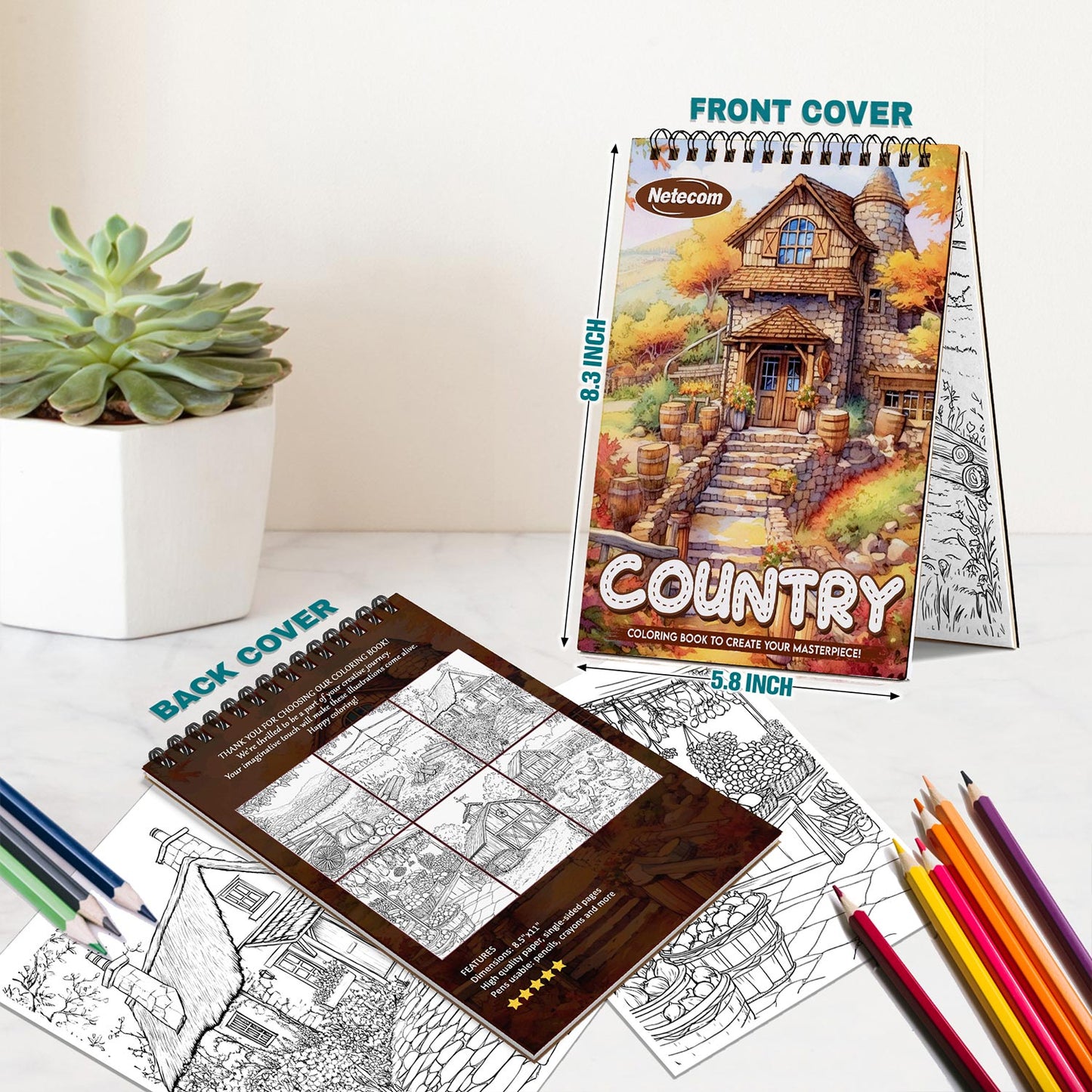 Netecom Country Spiral Bound Coloring Book For Adults