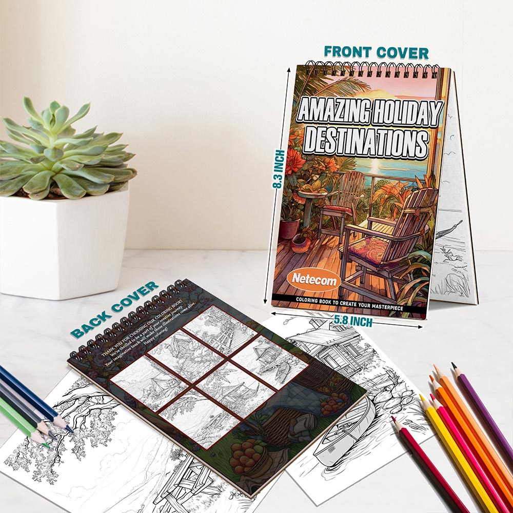 Amazing Holiday Destinations Spiral Bound Coloring Book For Adults