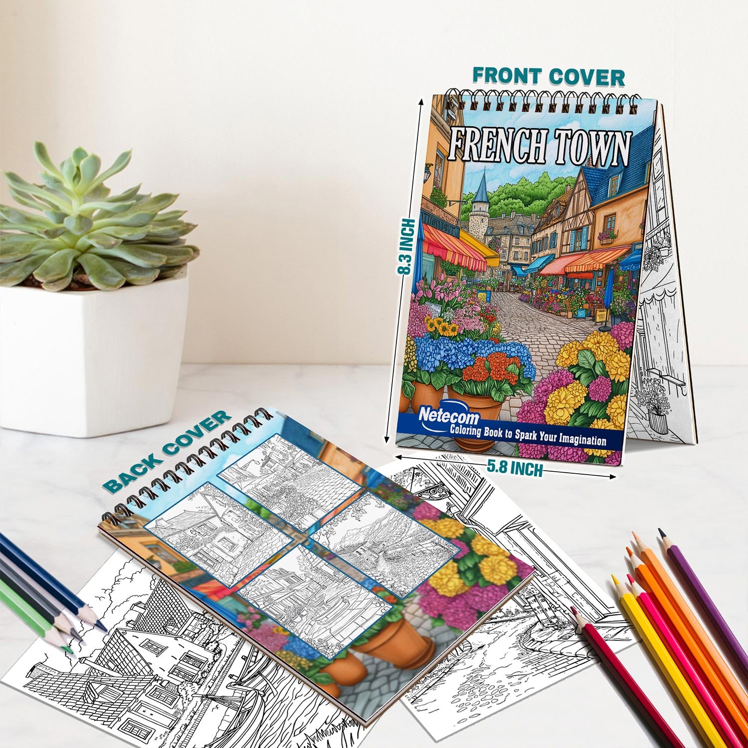 Netecom French Town Spiral Bound Coloring Book For Adults