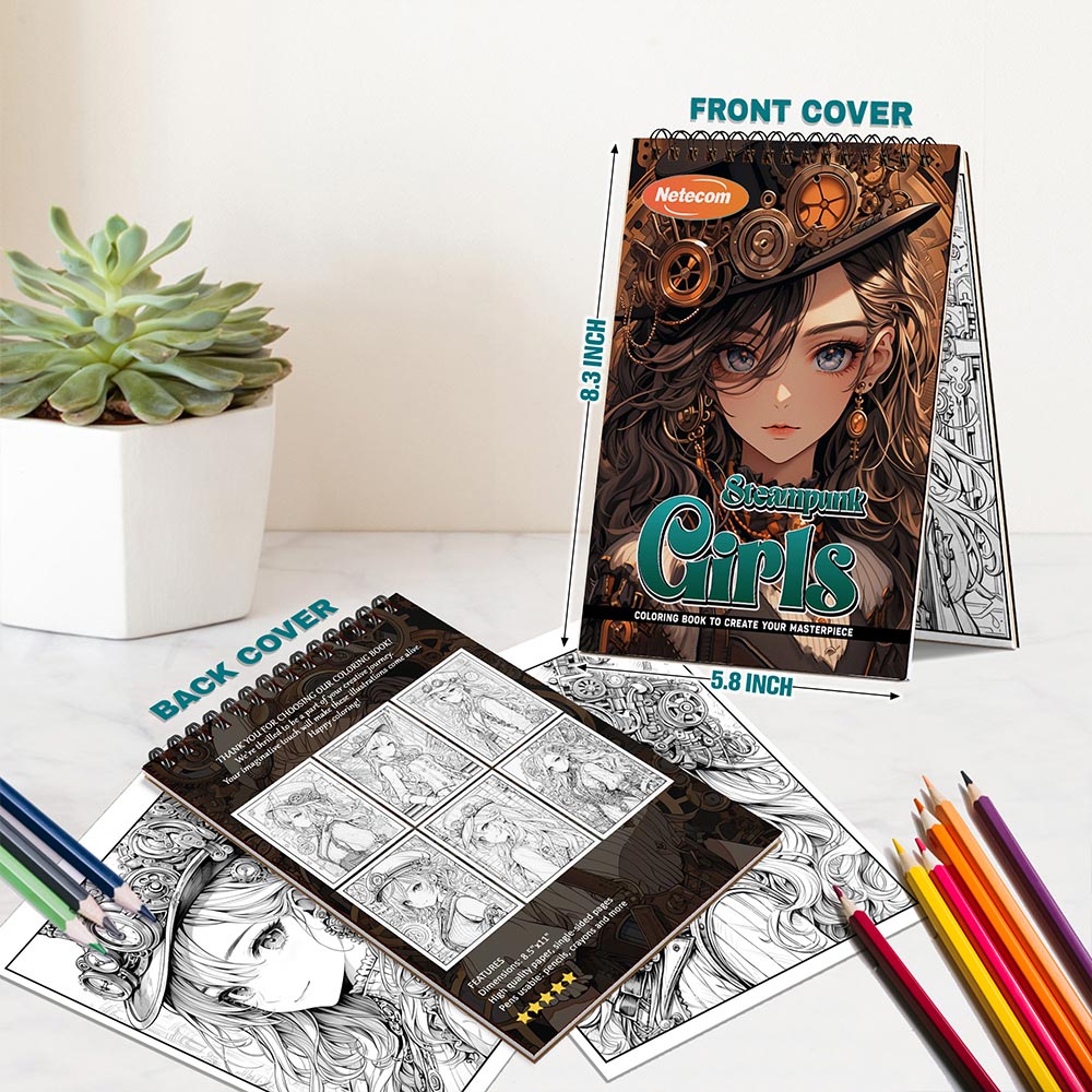 Steampunk Girls Spiral Bound Coloring Book For Adults