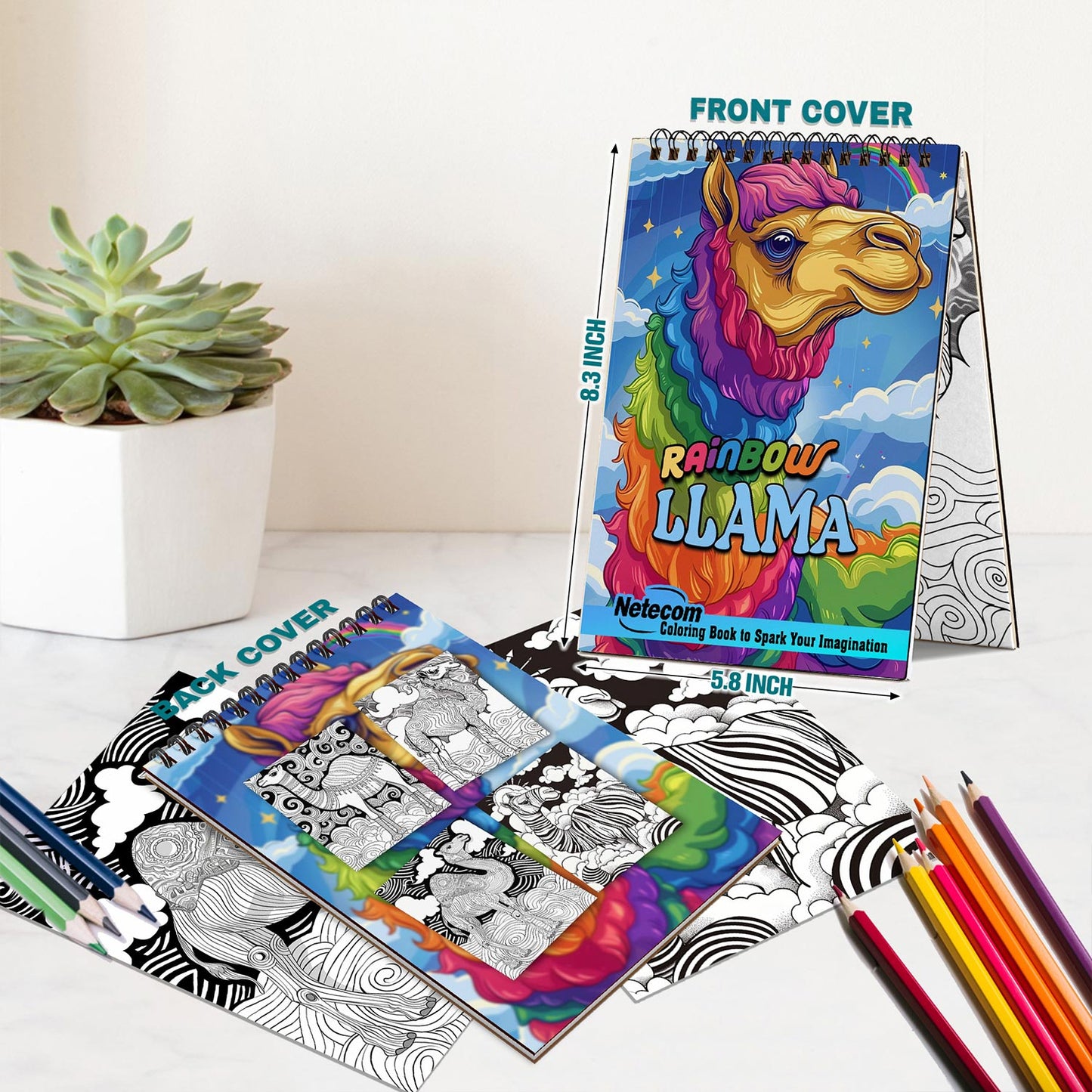 Netecom Rainbow Llama Spiral Bound Coloring Book For Adults