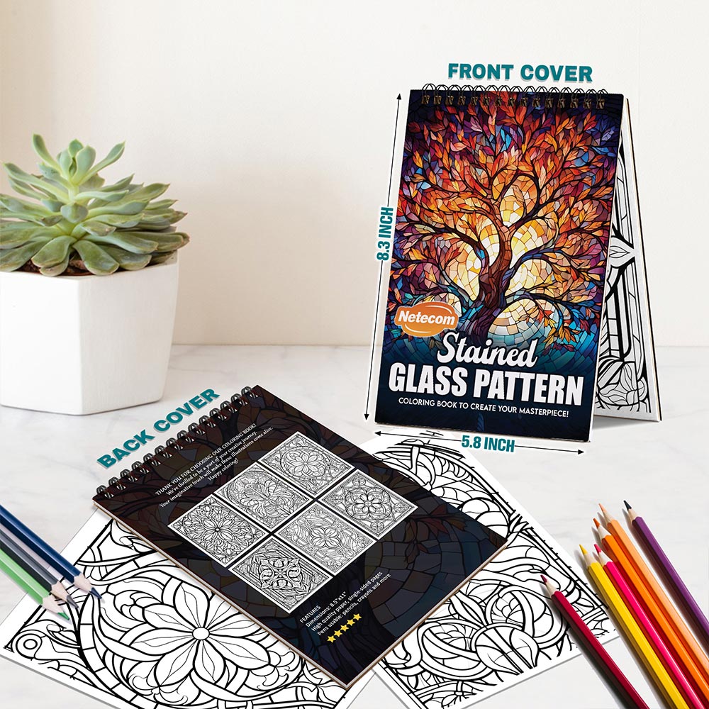 Netecom Stained Glass Pattern Spiral Bound Coloring Book For Adults