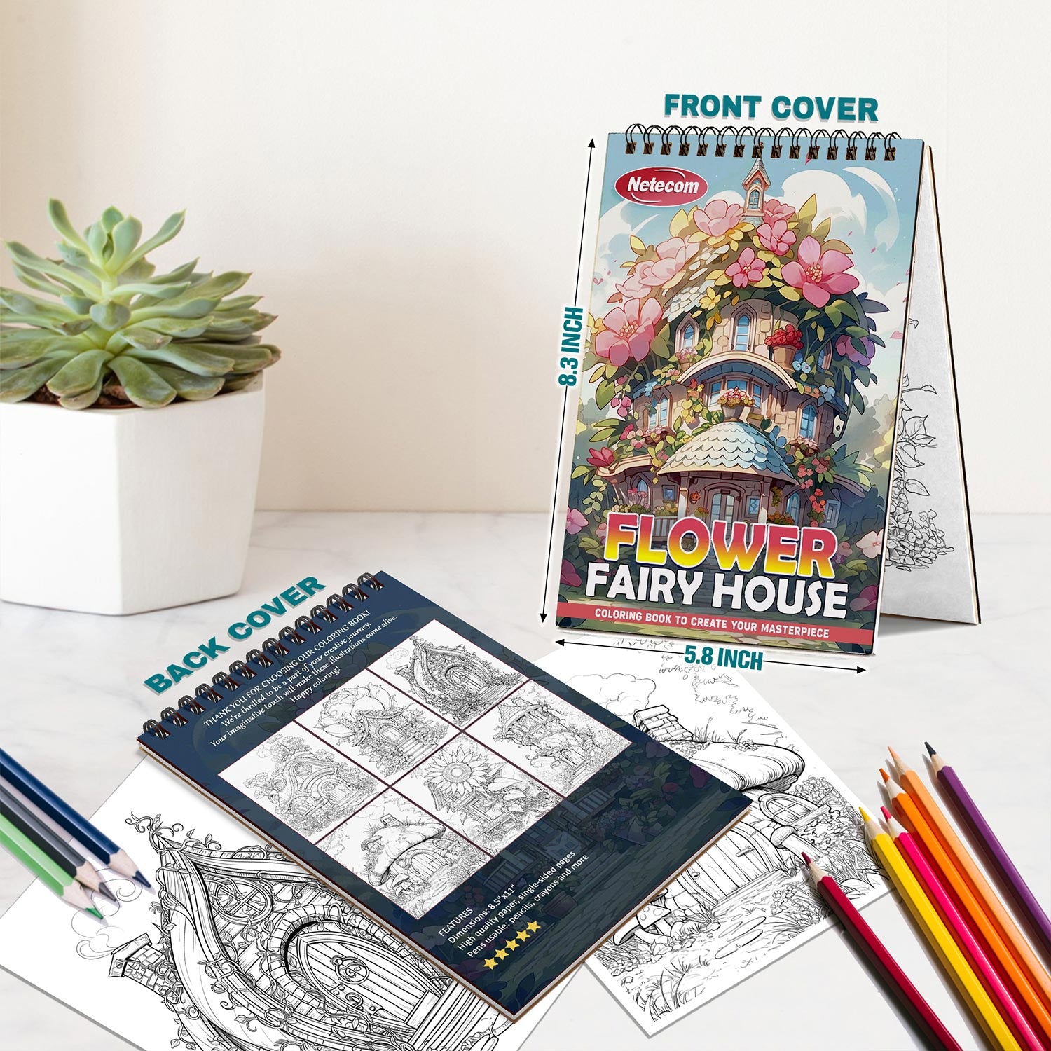 Netecom Flower Fairy House Spiral Bound Coloring Book For Adults