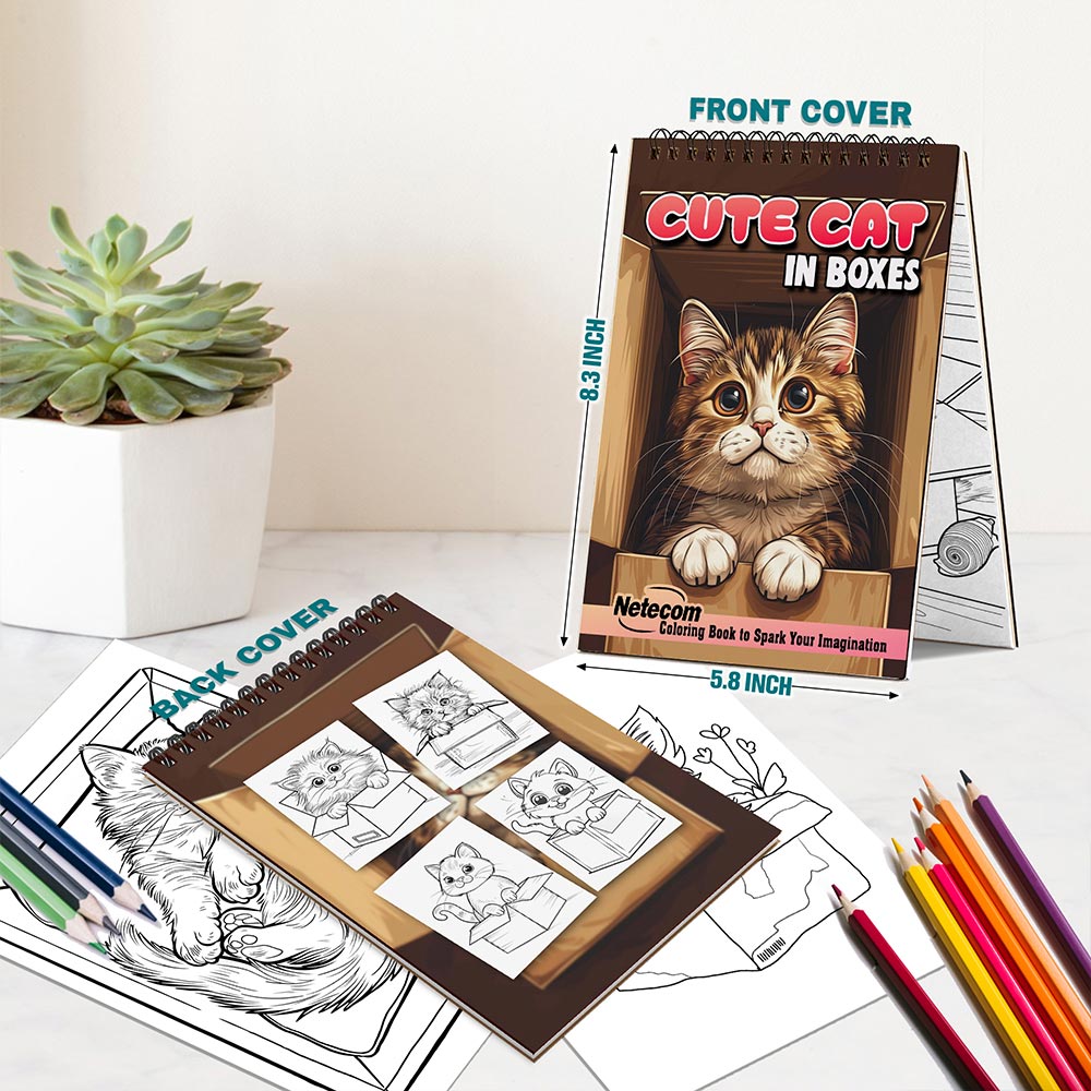 Netecom Cute Cat in Boxes Spiral Bound Coloring Book For Adults