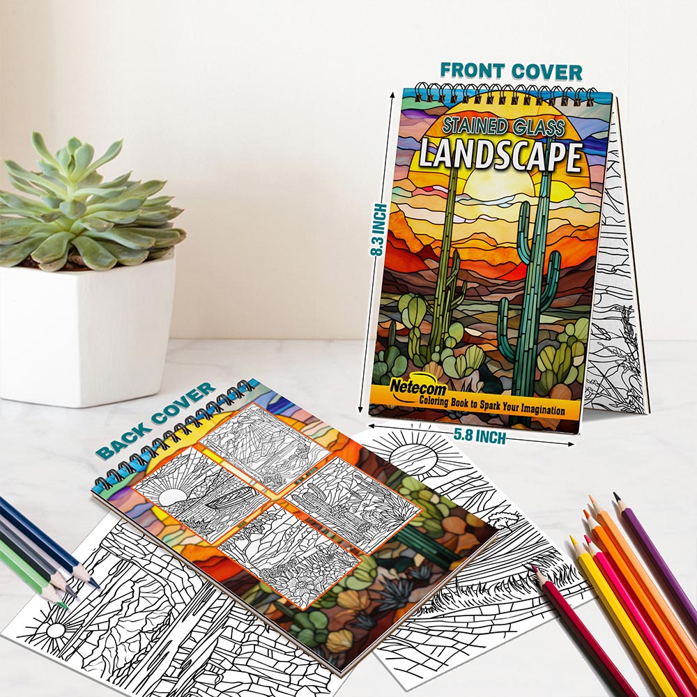 Netecom Stained Glass Landscape Spiral Bound Coloring Book For Adults