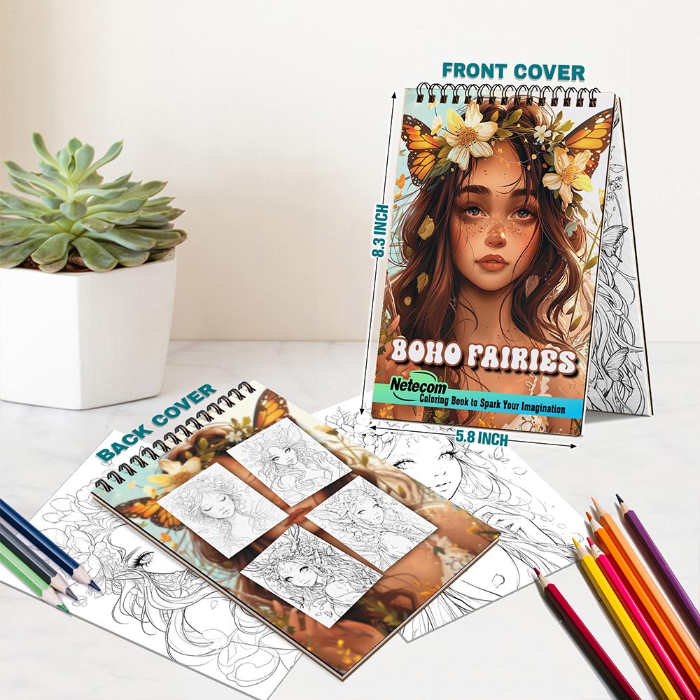 Netecom Boho Fairies Spiral Bound Coloring Book For Adults