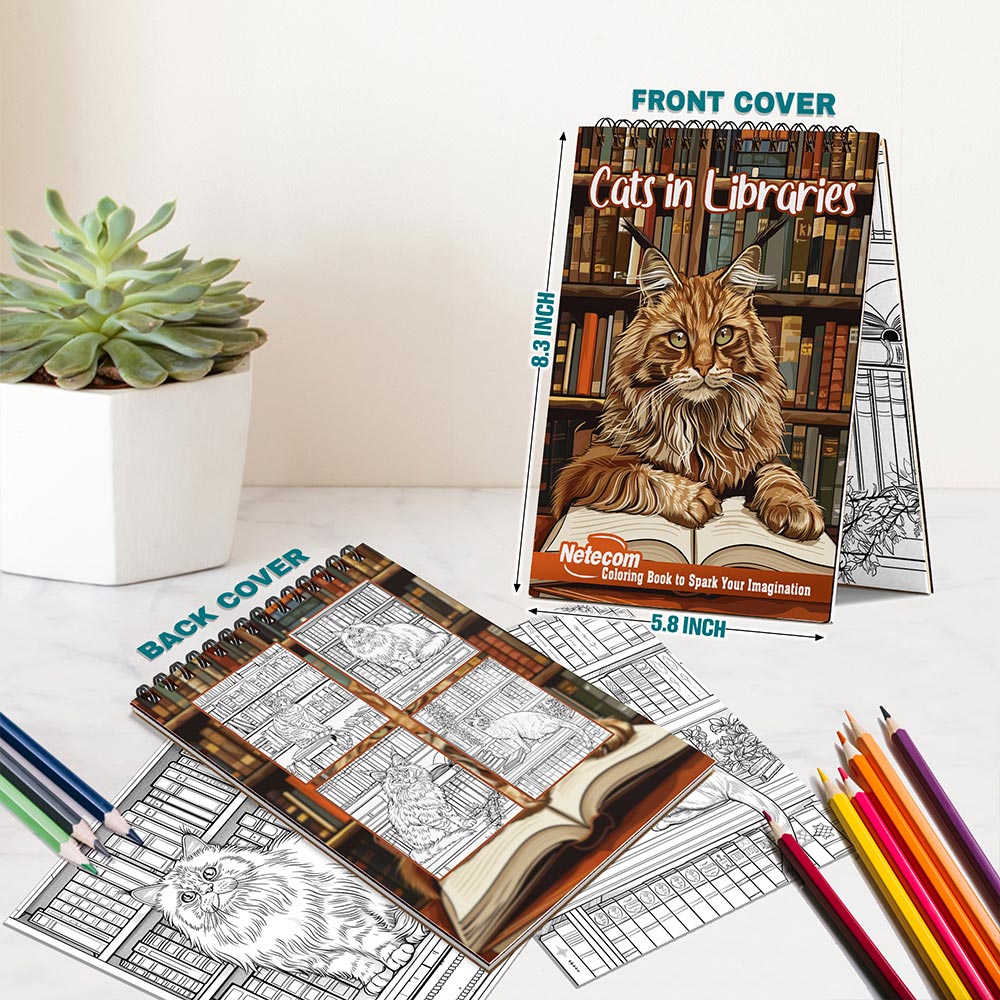 Netecom Cats in Libraries Spiral Bound Coloring Book For Adults