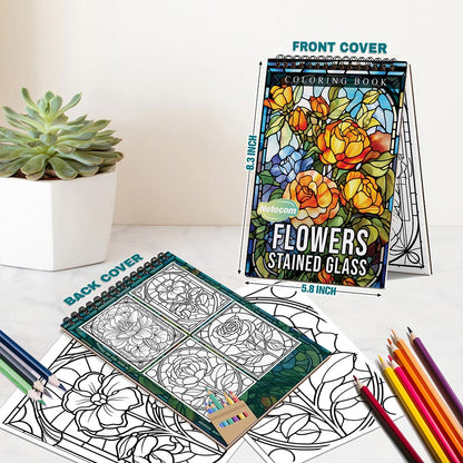 Netecom Flowers Stained Glass Spiral Bound Coloring Book For Adults
