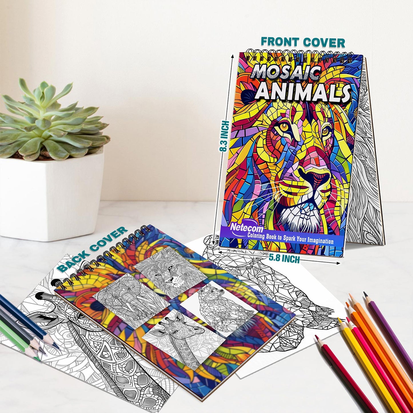 Netecom Mosaic Animals Spiral Bound Coloring Book For Adults