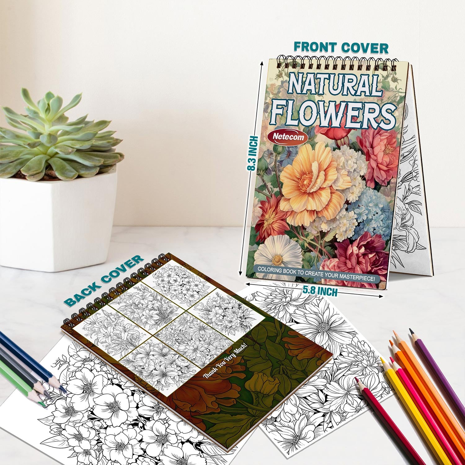 Netecom Natural Flowers Spiral Bound Coloring Book For Adults