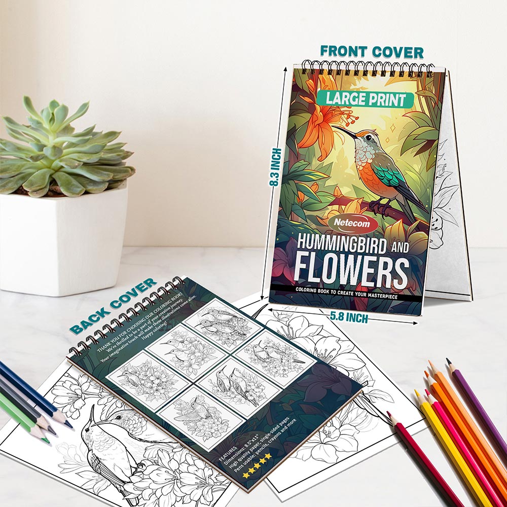 Netecom Large Print Hummingbird and Flowers Spiral Bound Coloring Book For Adults