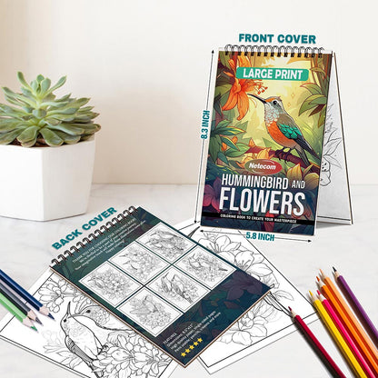 Netecom Large Print Hummingbird and Flowers Spiral Bound Coloring Book For Adults