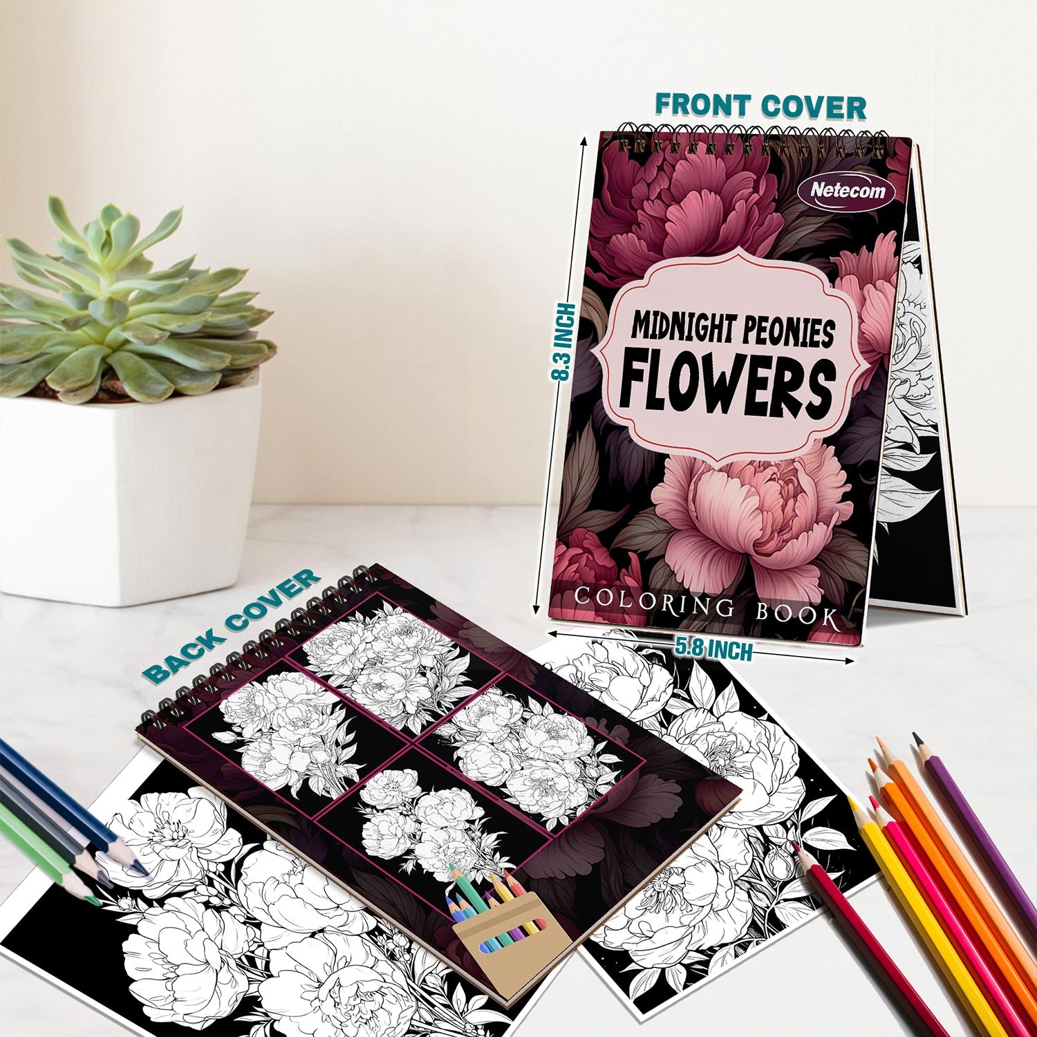 Netecom Midnight Peonies Flowers Spiral Bound Coloring Book For Adults