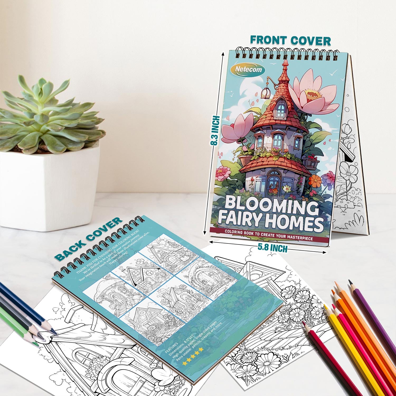Netecom Blooming Fairy Homes Spiral Bound Coloring Book For Adults