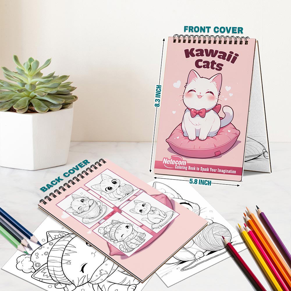 Netecom Kawaii Cats Spiral Bound Coloring Book For Adults