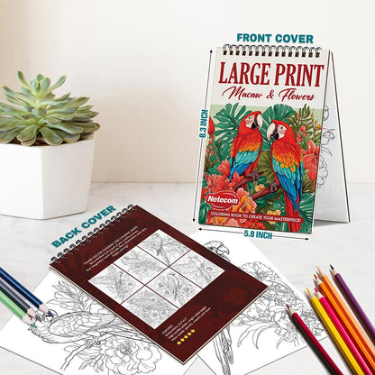 Netecom Large Print Macaw and Flowers Spiral Bound Coloring Book For Adults
