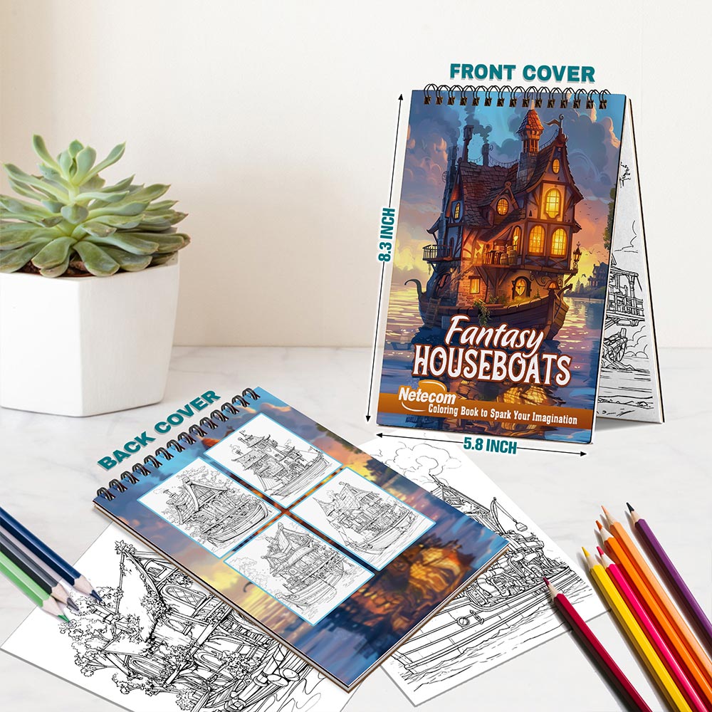Netecom Fantasy Houseboats Spiral Bound Coloring Book For Adults