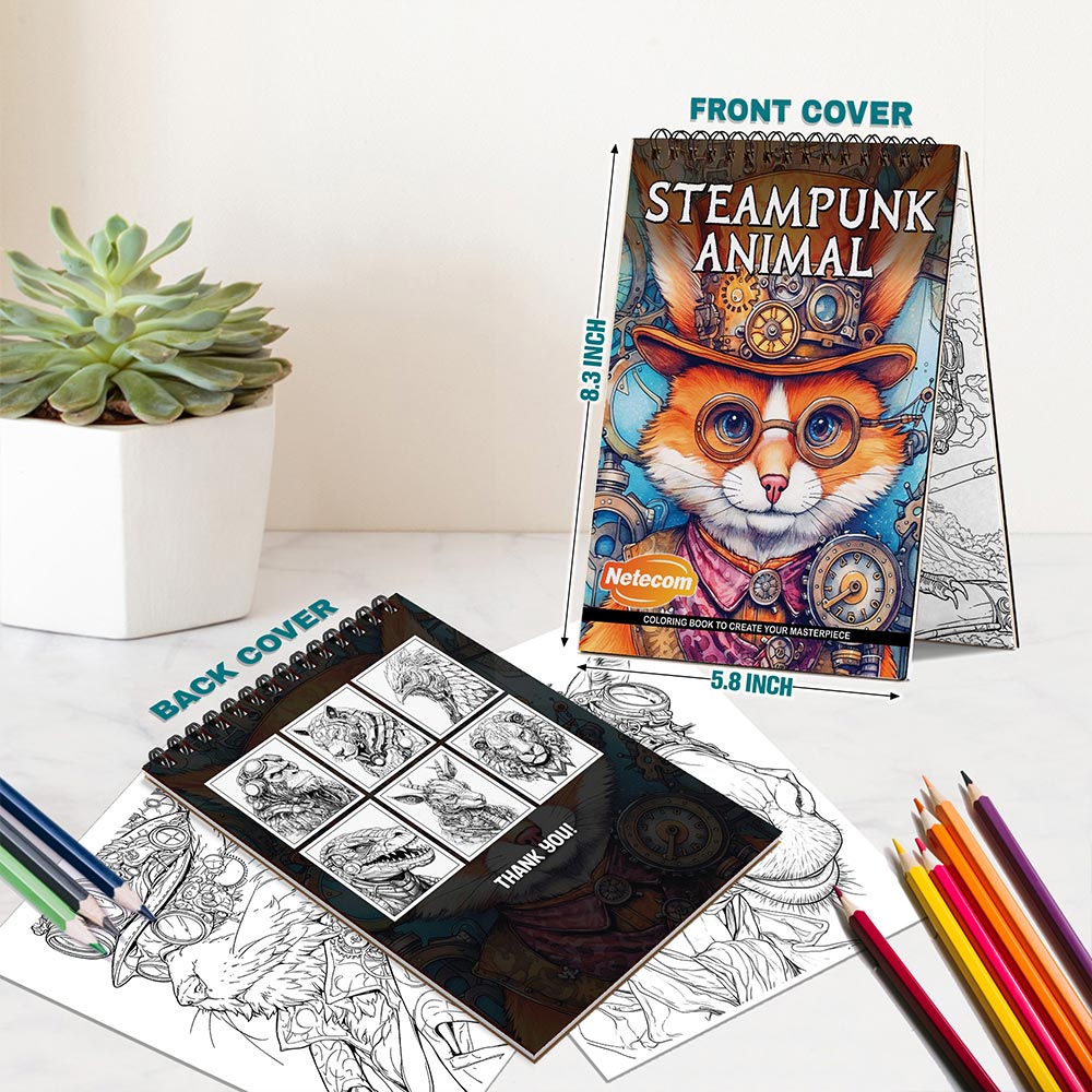 Netecom SteamPunk Animal Spiral Bound Coloring Book For Adults