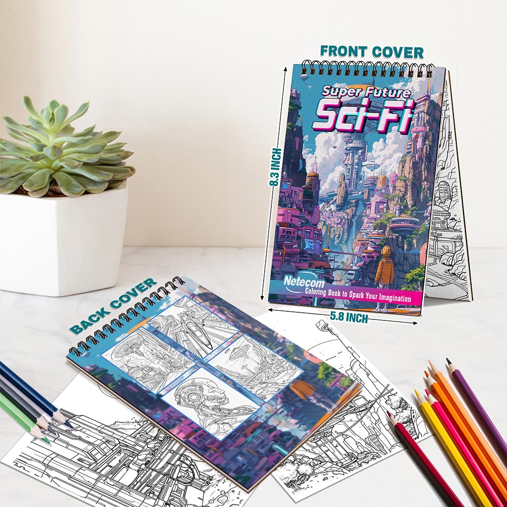 Netecom Super Future Sci-Fi Spiral Bound Coloring Book For Adults