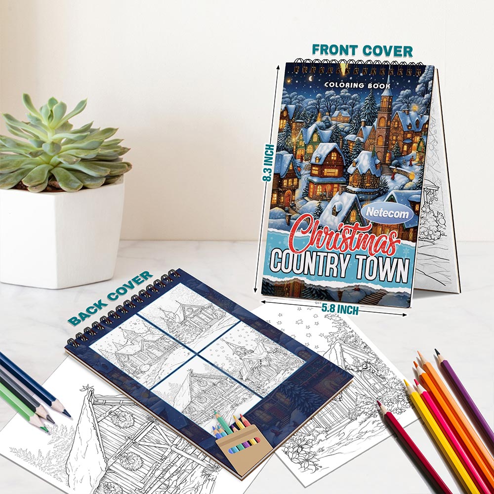 Netecom Christmas Country Town Spiral Bound Coloring Book For Adults