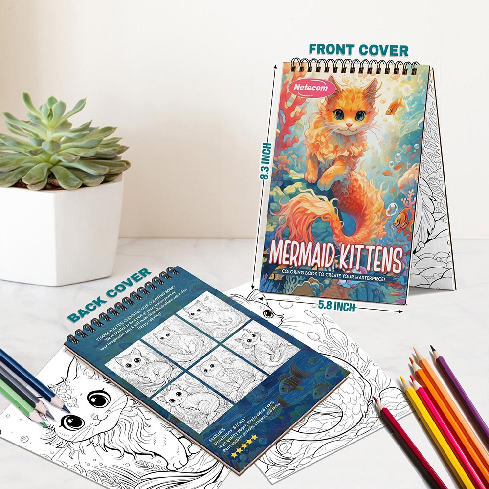 Netecom Mermaid Kittens Spiral Bound Coloring Book For Adults