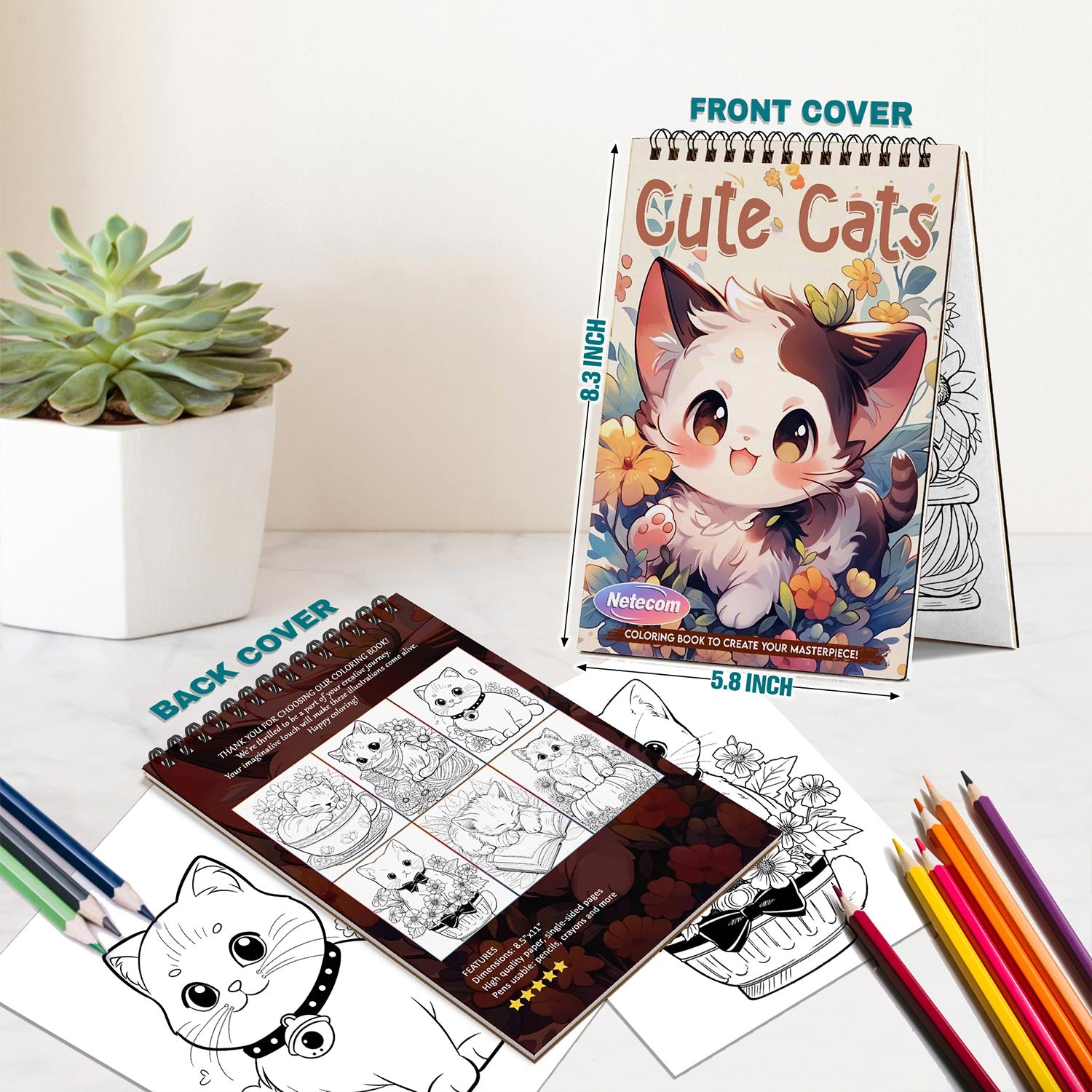 Netecom Cute Cats Spiral Bound Coloring Book For Adults