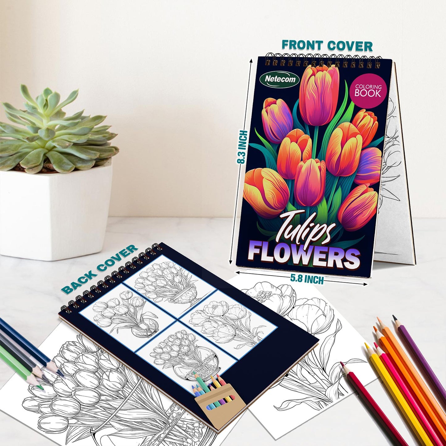 Netecom Tulips Flowers Spiral Bound Coloring Book For Adults