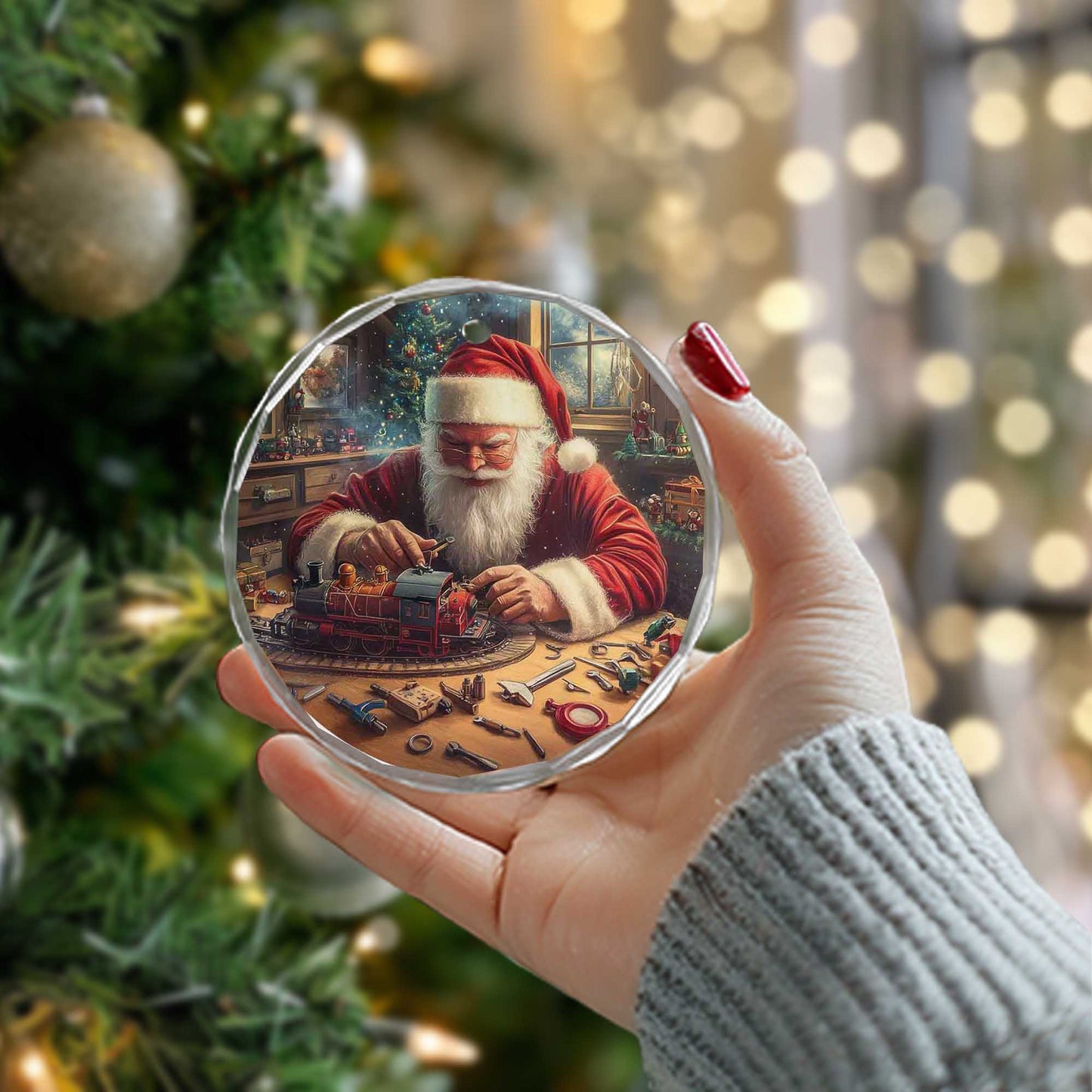 Netecom Santa Claus at Work Glass Ornament – Christmas Tree Decor, Holiday Keepsake Gift, 3 in