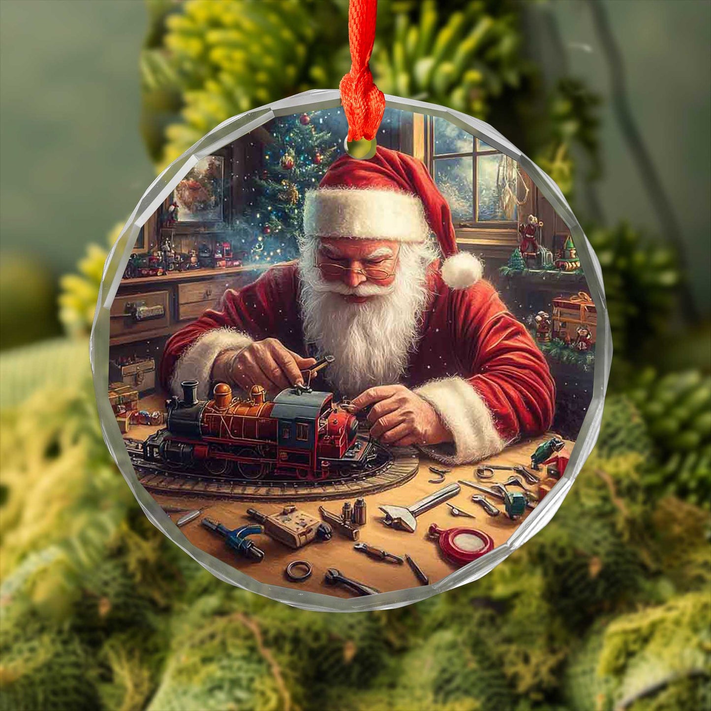 Netecom Santa Claus at Work Glass Ornament – Christmas Tree Decor, Holiday Keepsake Gift, 3 in