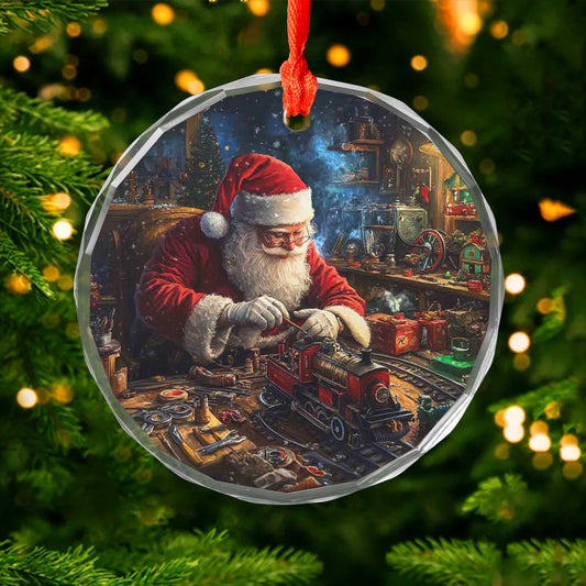 Netecom Santa Claus Glass Ornament – Christmas Decoration, Santa Building Trains, Holiday Keepsake, 3 in