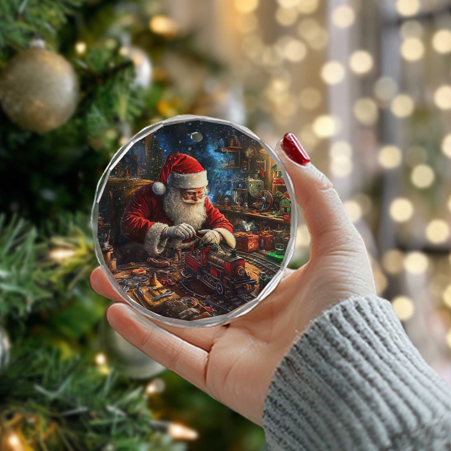 Netecom Santa Claus Glass Ornament – Christmas Decoration, Santa Building Trains, Holiday Keepsake, 3 in