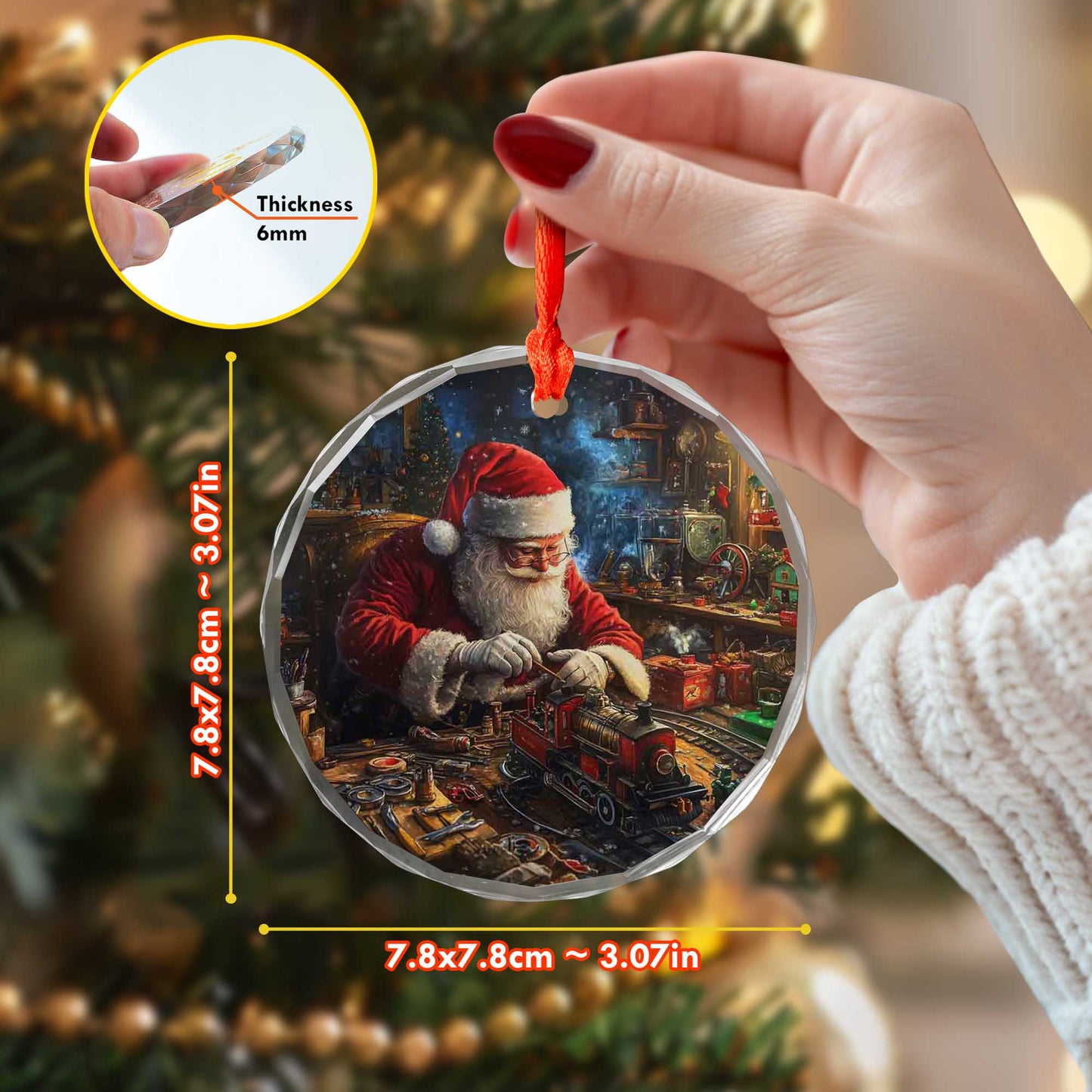 Netecom Santa Claus Glass Ornament – Christmas Decoration, Santa Building Trains, Holiday Keepsake, 3 in