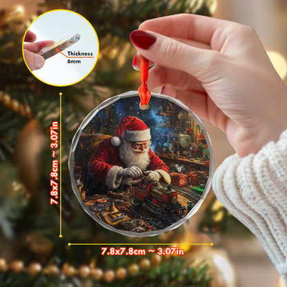 Netecom Santa Claus Glass Ornament – Christmas Decoration, Santa Building Trains, Holiday Keepsake, 3 in