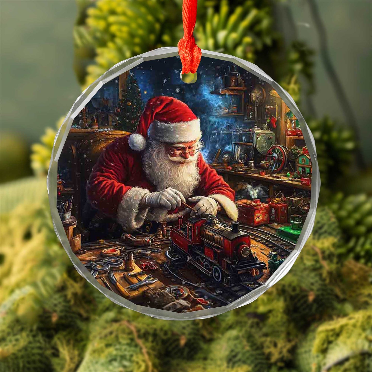 Netecom Santa Claus Glass Ornament – Christmas Decoration, Santa Building Trains, Holiday Keepsake, 3 in