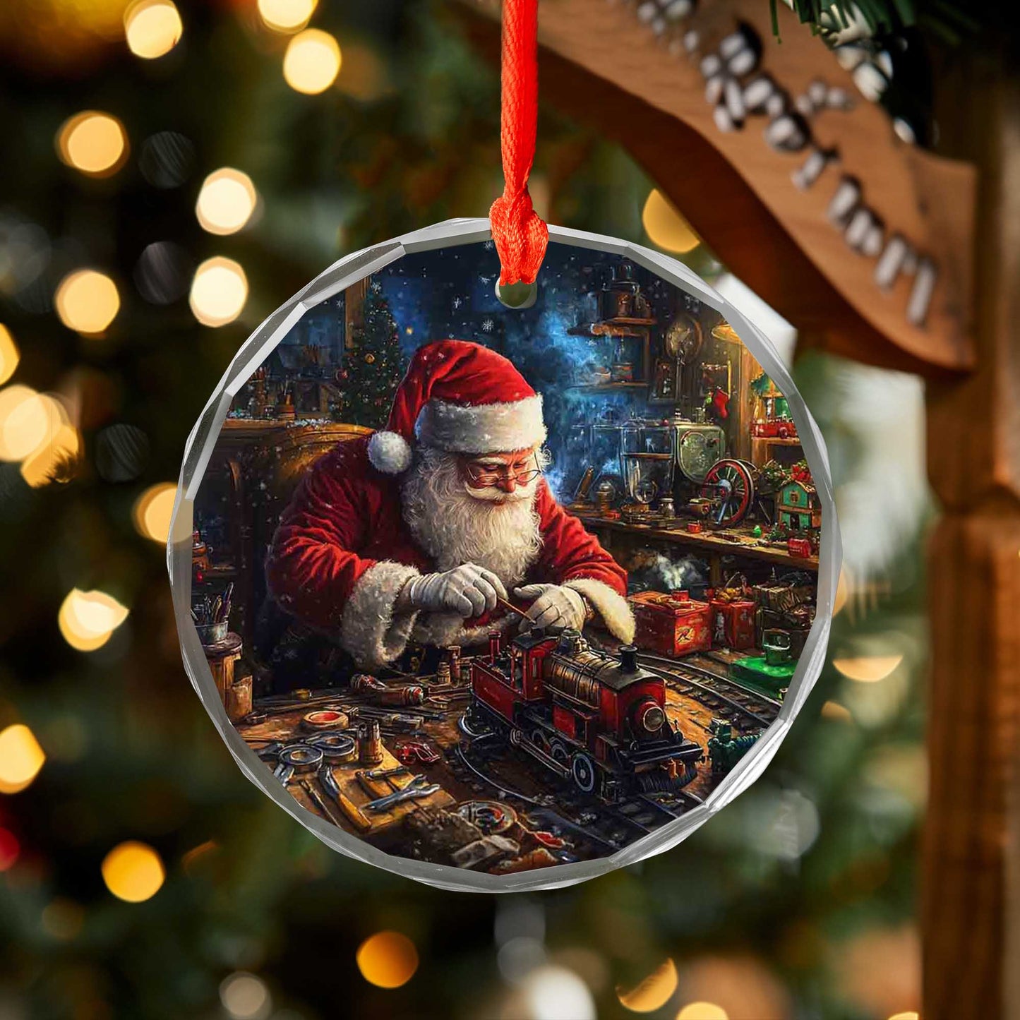 Netecom Santa Claus Glass Ornament – Christmas Decoration, Santa Building Trains, Holiday Keepsake, 3 in