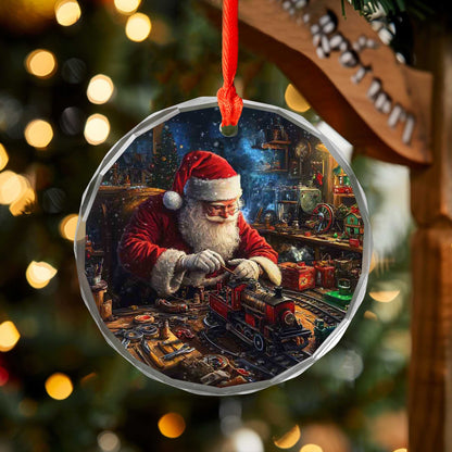 Netecom Santa Claus Glass Ornament – Christmas Decoration, Santa Building Trains, Holiday Keepsake, 3 in