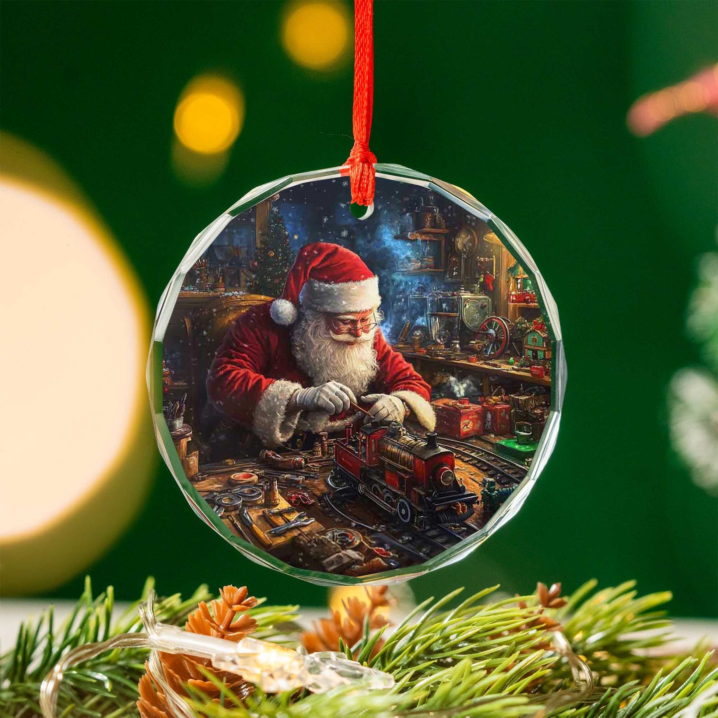 Netecom Santa Claus Glass Ornament – Christmas Decoration, Santa Building Trains, Holiday Keepsake, 3 in