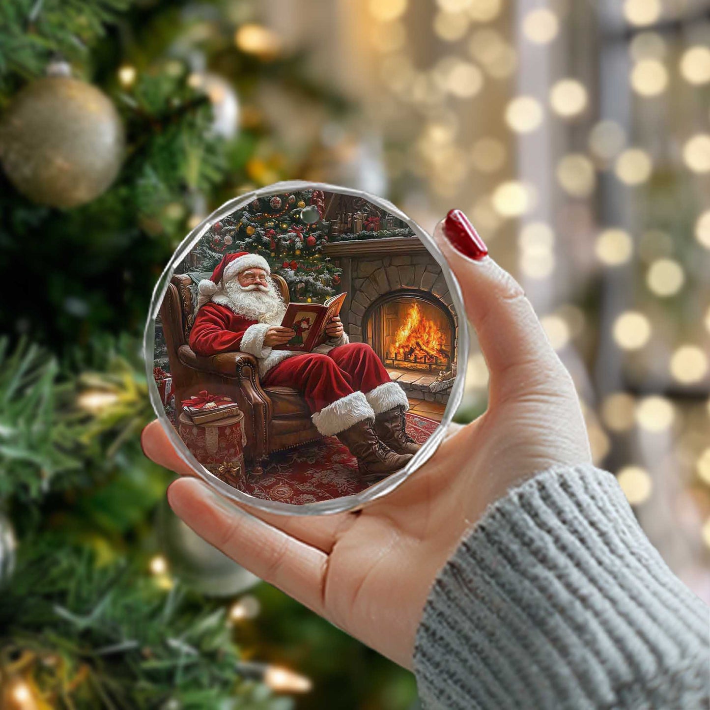 Netecom Santa Claus Glass Ornament – Relaxing by the Fire, Christmas Tree Decoration, Perfect Holiday Gift, 3 in