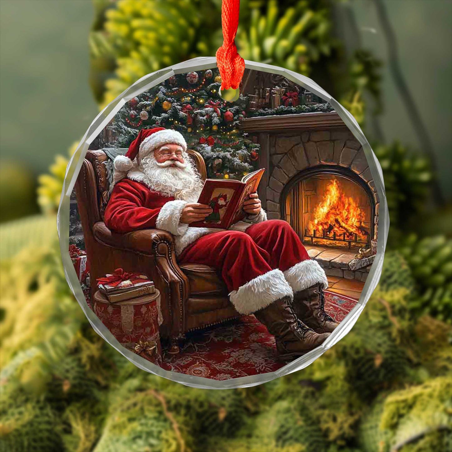 Netecom Santa Claus Glass Ornament – Relaxing by the Fire, Christmas Tree Decoration, Perfect Holiday Gift, 3 in